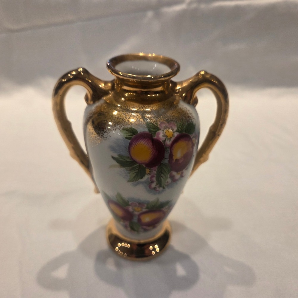 Royal Crown Apple Blossom Miniature Porcelain Vase Gold Gilt Handles 2928